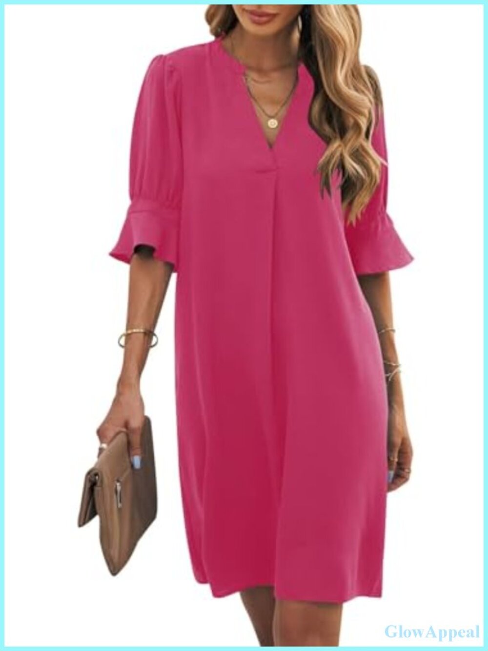 Women's Bell Sleeve Shift Dress, V Neck Ruffle Mini Dress for Summer